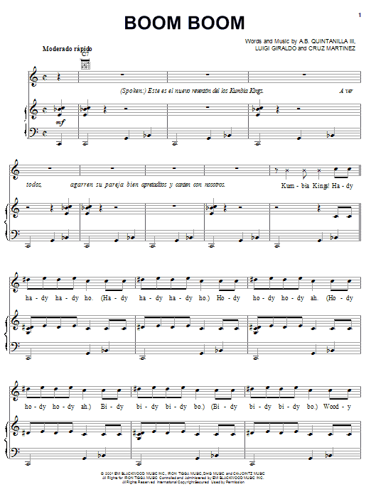 Download A.B. Quintanilla III Boom Boom Sheet Music and learn how to play Piano, Vocal & Guitar (Right-Hand Melody) PDF digital score in minutes