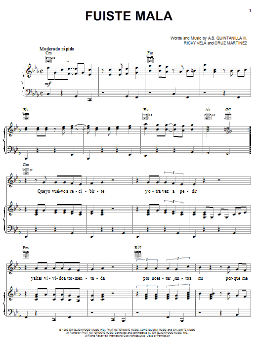 Download A.B. Quintanilla III Fuiste Mala Sheet Music and learn how to play Piano, Vocal & Guitar (Right-Hand Melody) PDF digital score in minutes