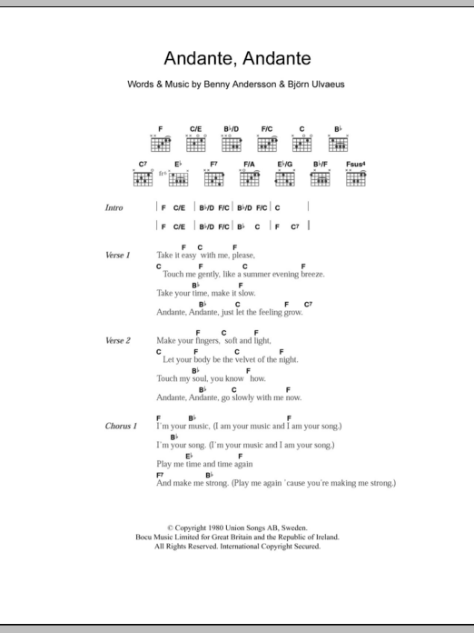 Download ABBA Andante, Andante Sheet Music and learn how to play Lyrics & Chords PDF digital score in minutes
