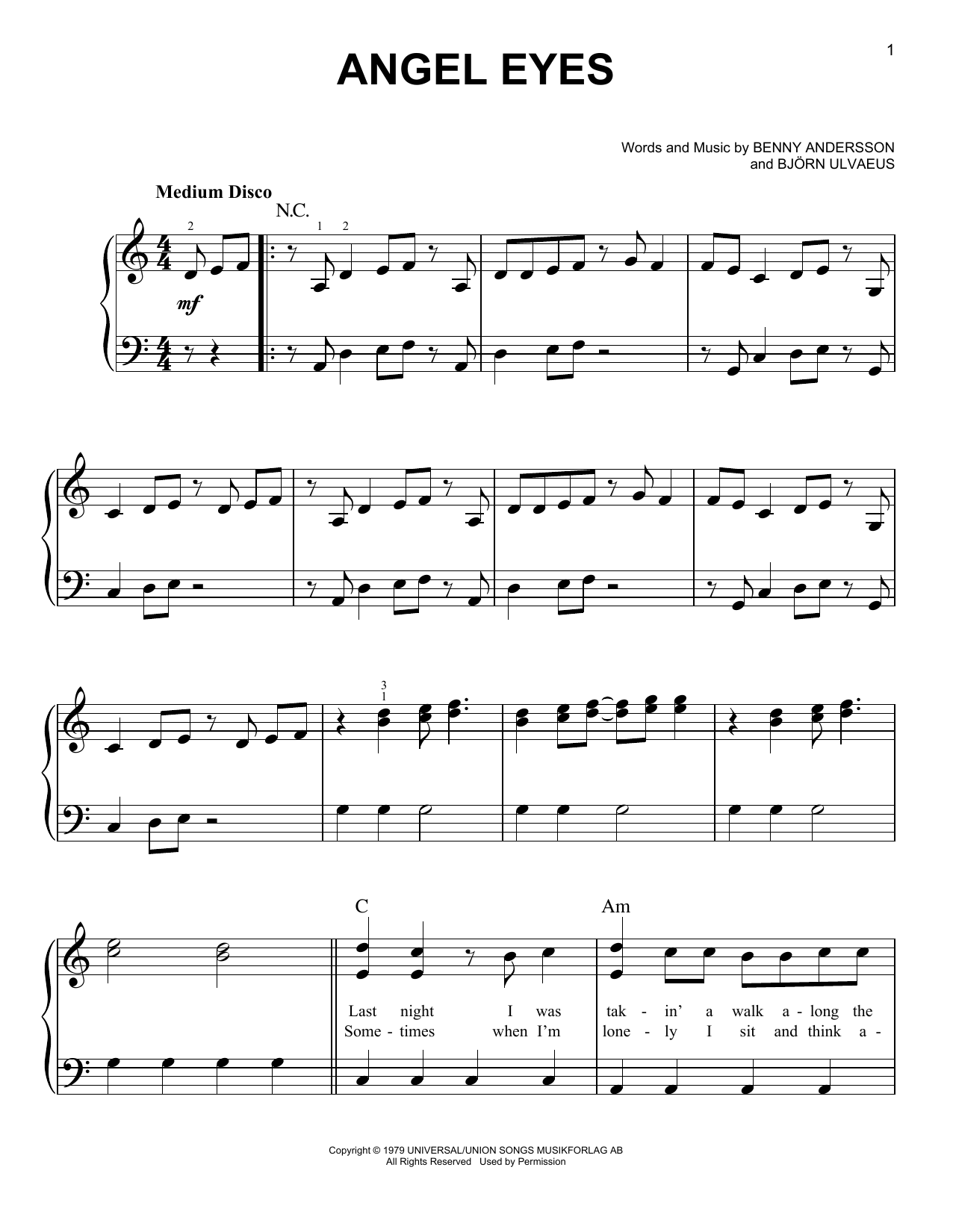 Download ABBA Angeleyes (from Mamma Mia! Here We Go Again) Sheet Music and learn how to play Easy Piano PDF digital score in minutes
