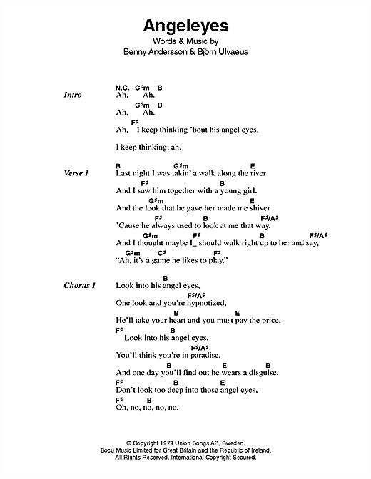 Download ABBA Angeleyes Sheet Music and learn how to play Lyrics & Chords PDF digital score in minutes
