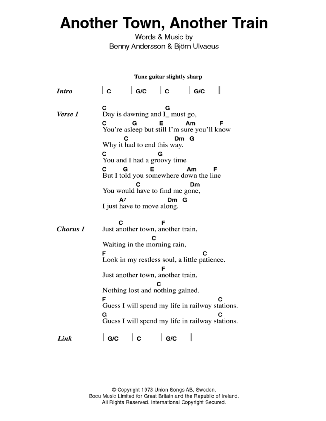 Download ABBA Another Town, Another Train Sheet Music and learn how to play Lyrics & Chords PDF digital score in minutes