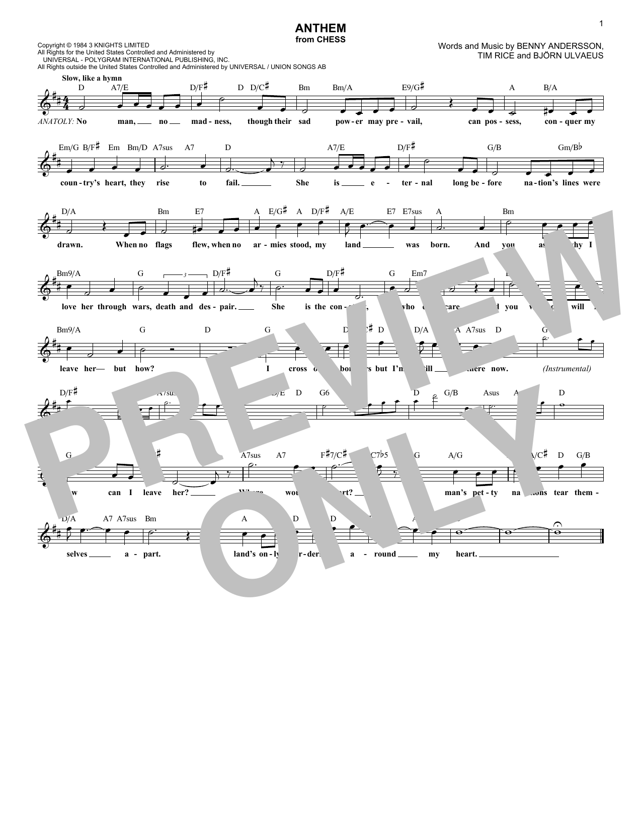 Download ABBA Anthem Sheet Music and learn how to play Melody Line, Lyrics & Chords PDF digital score in minutes