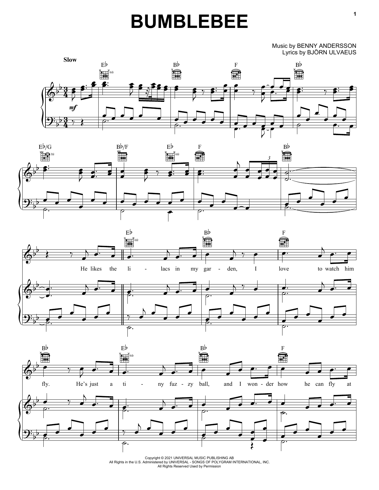 Download ABBA Bumblebee Sheet Music and learn how to play Piano, Vocal & Guitar Chords (Right-Hand Melody) PDF digital score in minutes