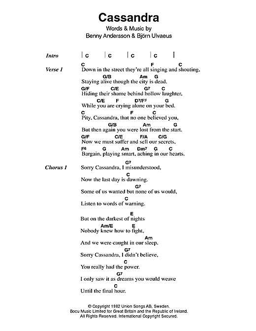 Download ABBA Cassandra Sheet Music and learn how to play Lyrics & Chords PDF digital score in minutes