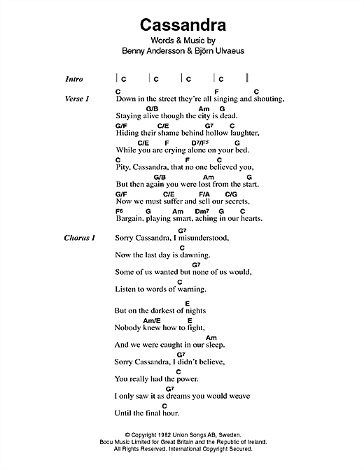 ABBA "Cassandra" Sheet Music Notes | Download Printable PDF Score 46670