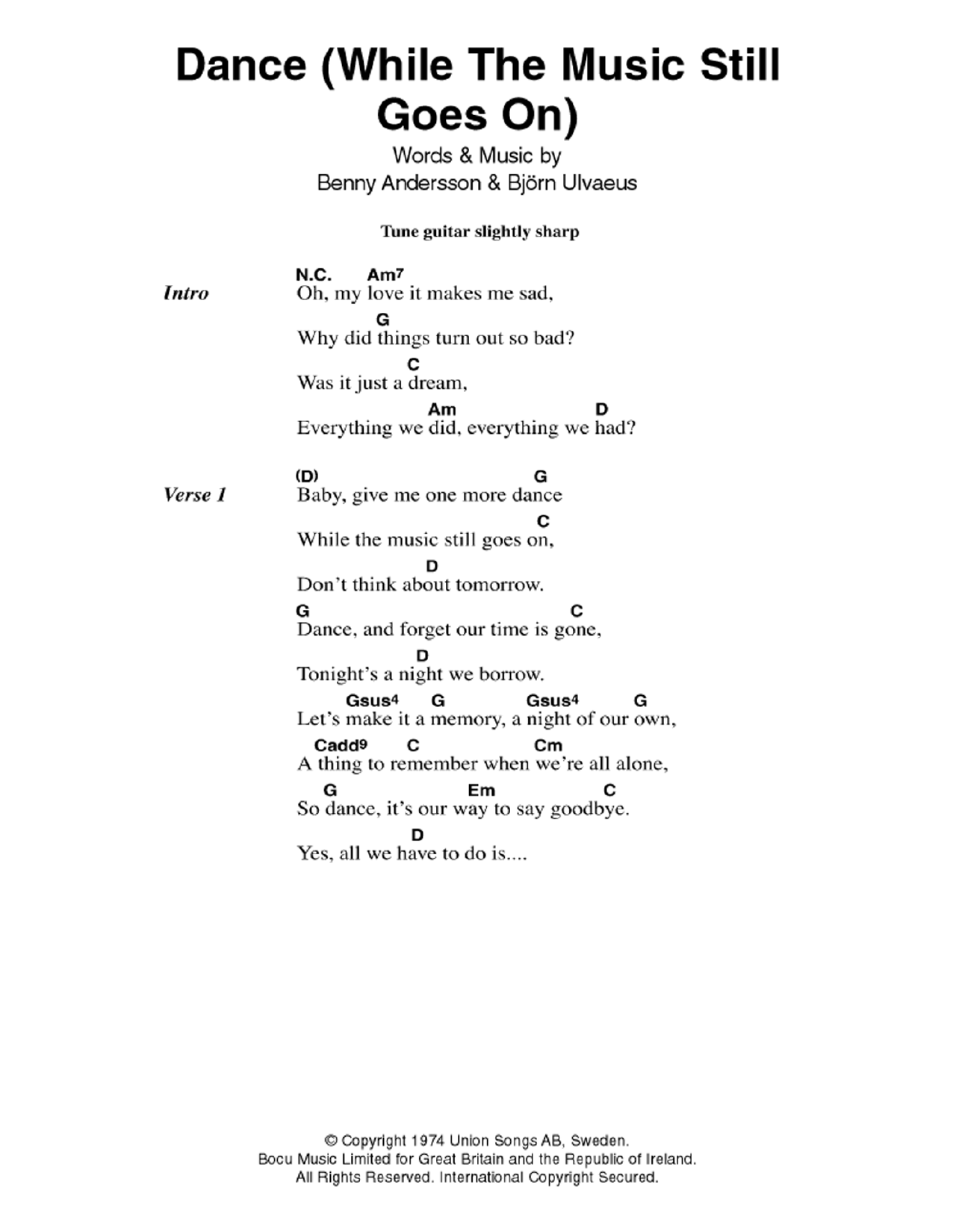 Download ABBA Dance (While The Music Still Goes On) Sheet Music and learn how to play Lyrics & Chords PDF digital score in minutes