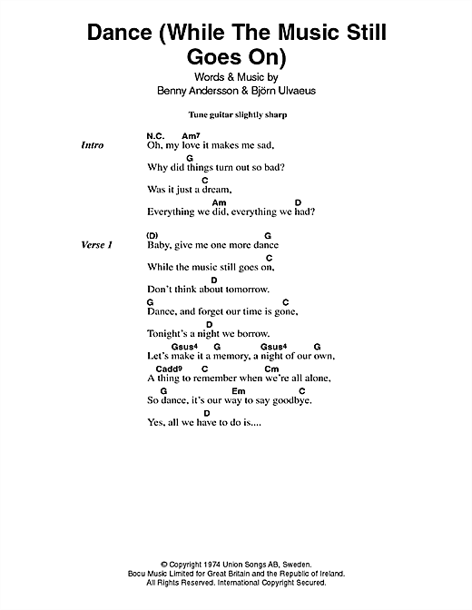 Download ABBA Dance (While The Music Still Goes On) Sheet Music and learn how to play Lyrics & Chords PDF digital score in minutes