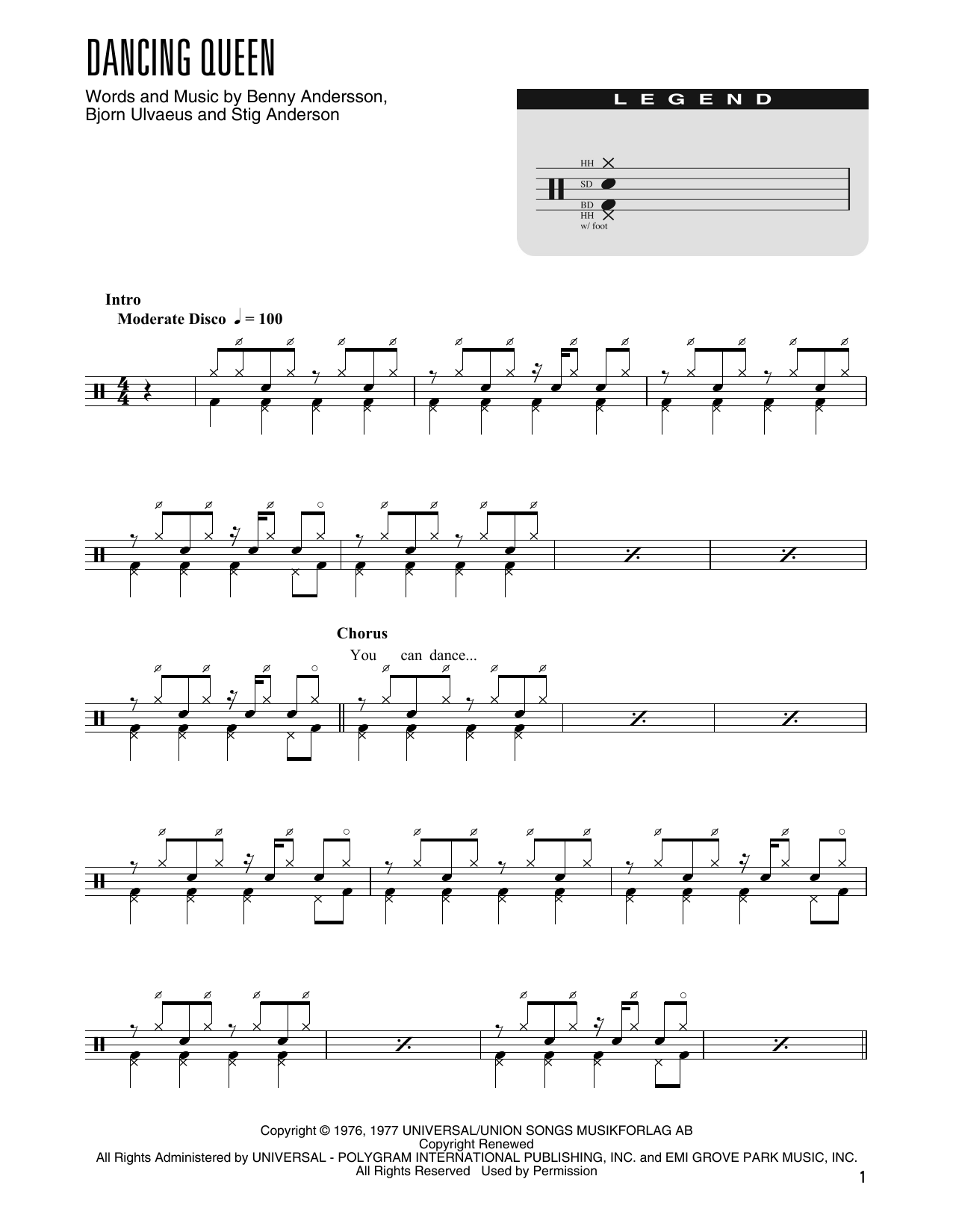 Download ABBA Dancing Queen (arr. Kennan Wylie) Sheet Music and learn how to play Drum Chart PDF digital score in minutes
