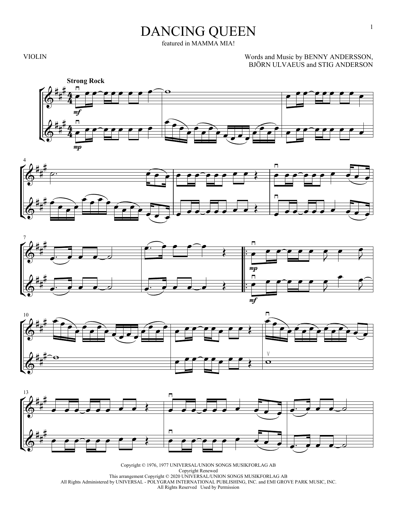 Download ABBA Dancing Queen (from Mamma Mia) Sheet Music and learn how to play Violin Duet PDF digital score in minutes