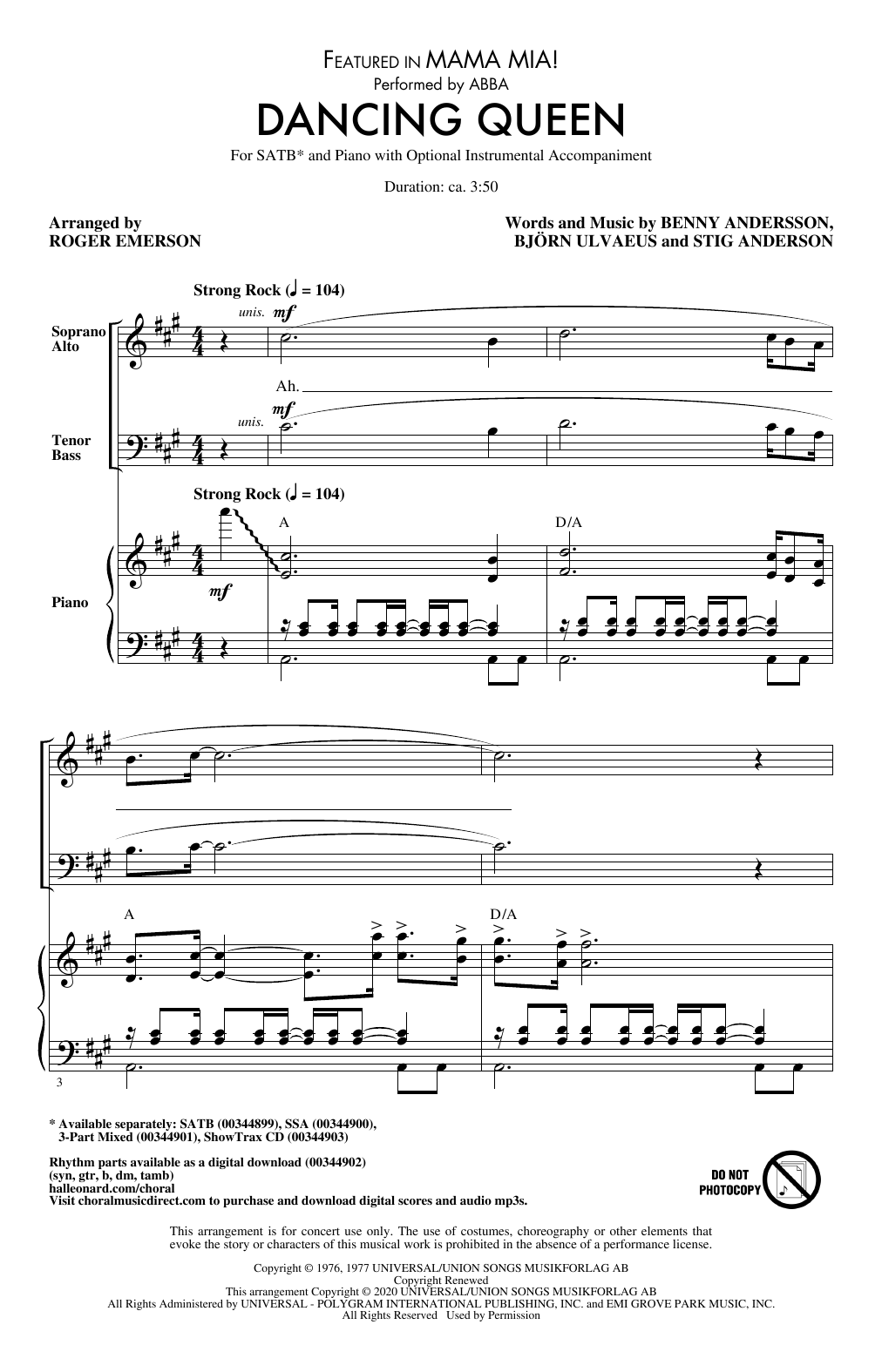 Download ABBA Dancing Queen (from Mamma Mia!) (arr. Roger Emerson) Sheet Music and learn how to play SATB Choir PDF digital score in minutes