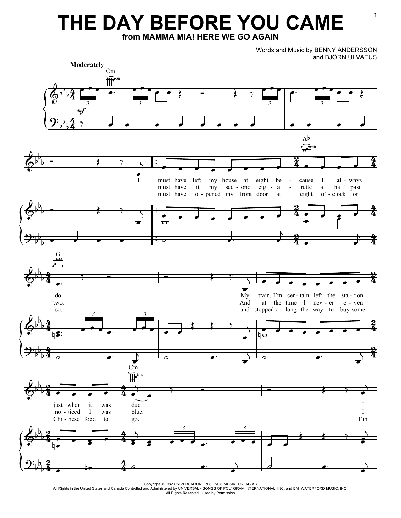 Download ABBA Day Before You Came (from Mamma Mia! Here We Go Again) Sheet Music and learn how to play Easy Piano PDF digital score in minutes