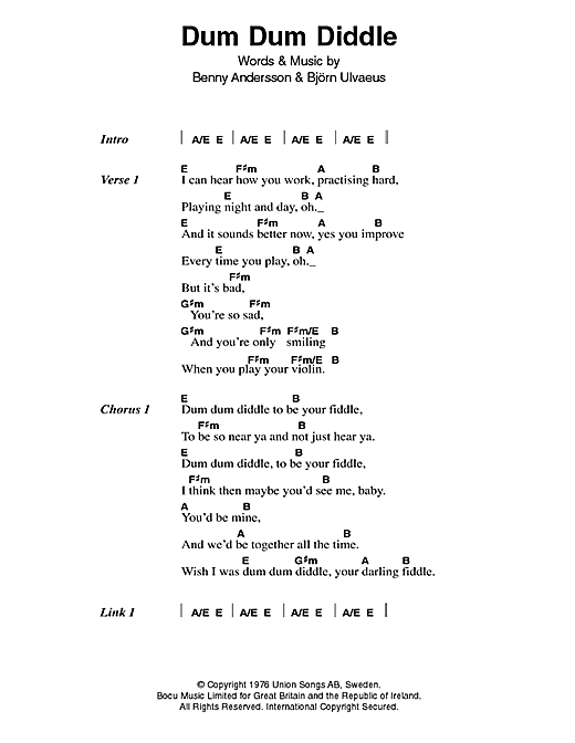Download ABBA Dum Dum Diddle Sheet Music and learn how to play Lyrics & Chords PDF digital score in minutes