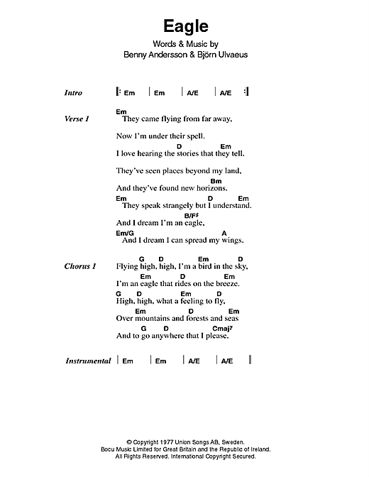 Download ABBA Eagle Sheet Music and learn how to play Lyrics & Chords PDF digital score in minutes