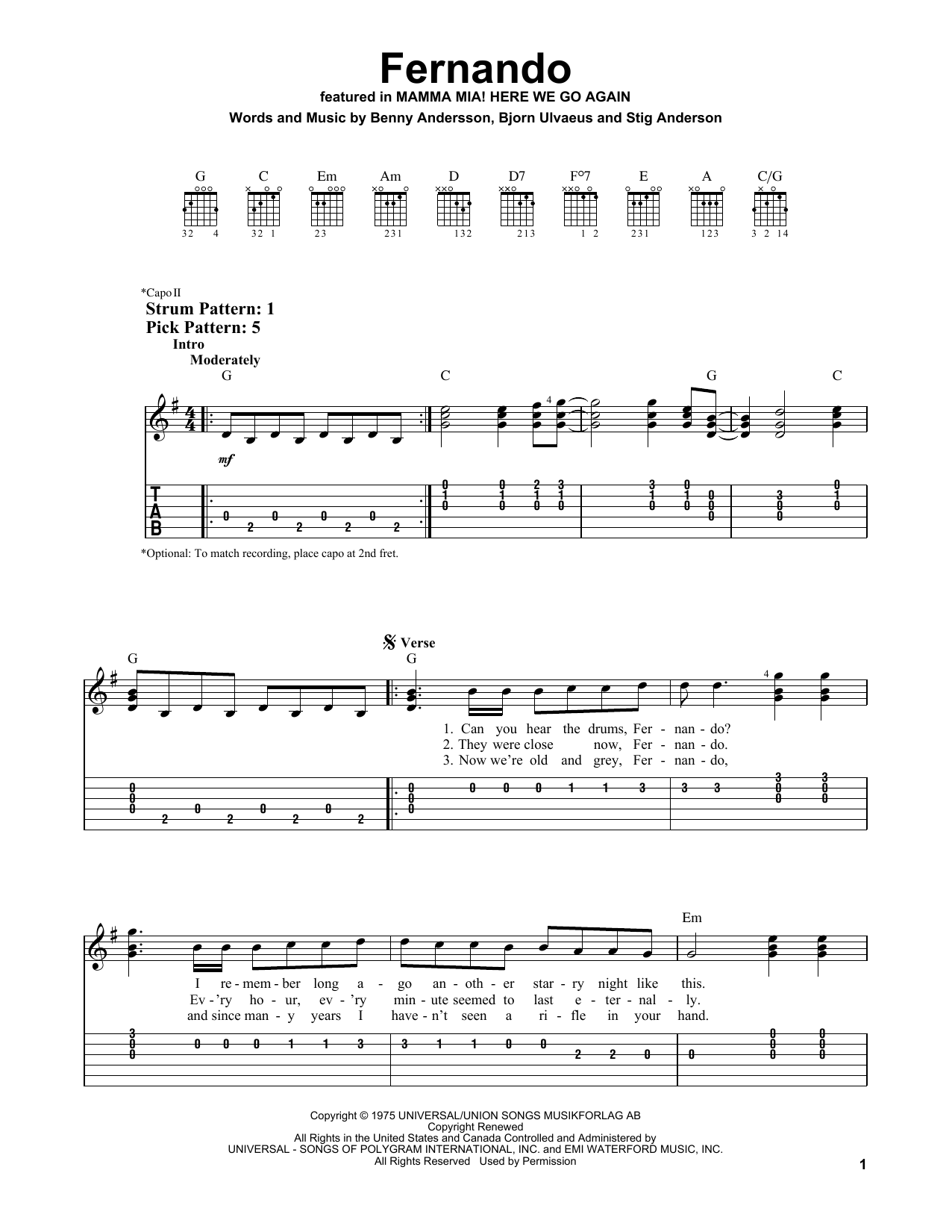 Download ABBA Fernando (from Mamma Mia! Here We Go Again) Sheet Music and learn how to play Easy Guitar Tab PDF digital score in minutes