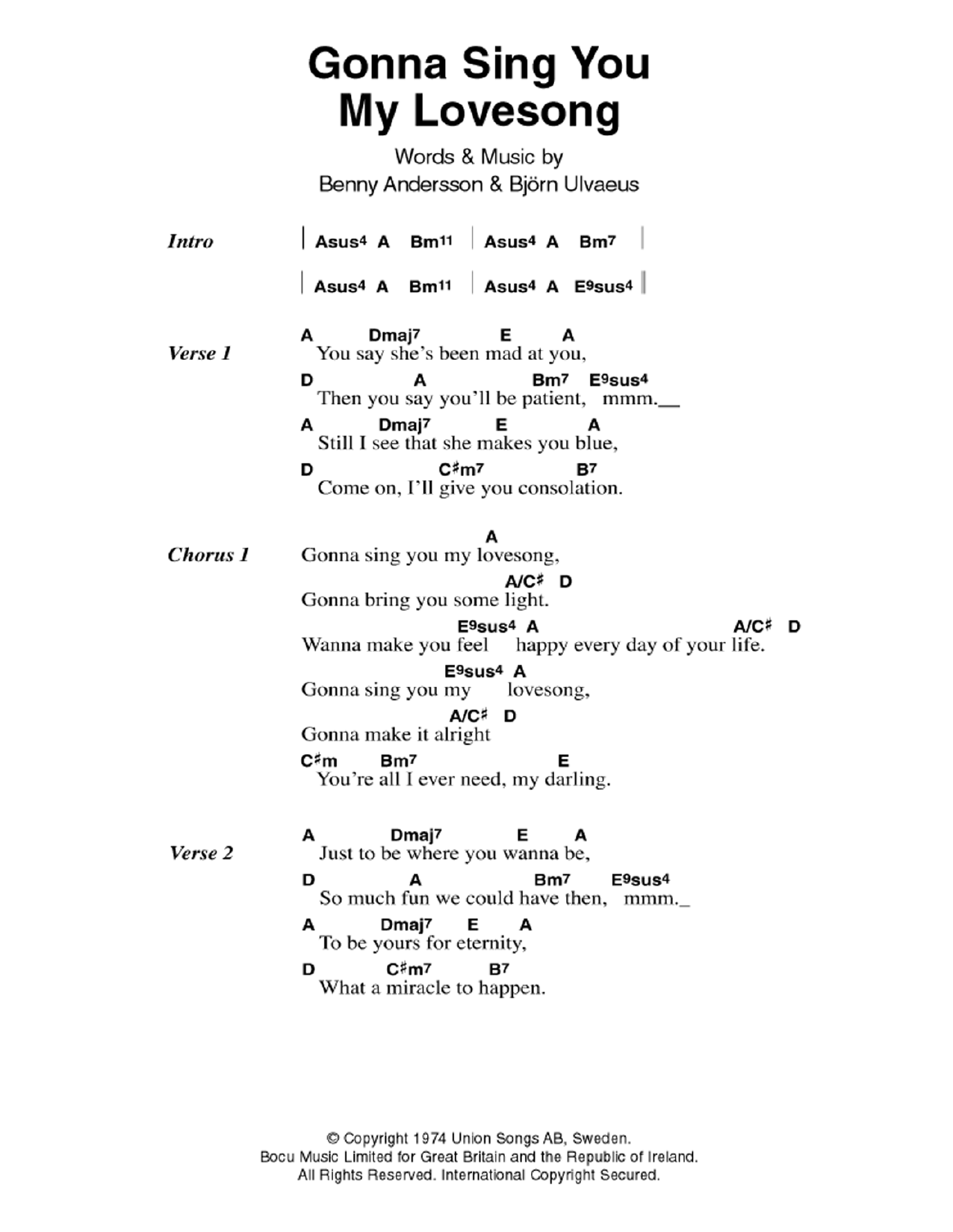 Download ABBA Gonna Sing You My Lovesong Sheet Music and learn how to play Lyrics & Chords PDF digital score in minutes