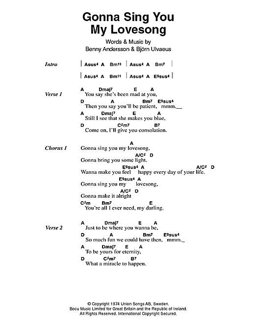 Download ABBA Gonna Sing You My Lovesong Sheet Music and learn how to play Lyrics & Chords PDF digital score in minutes