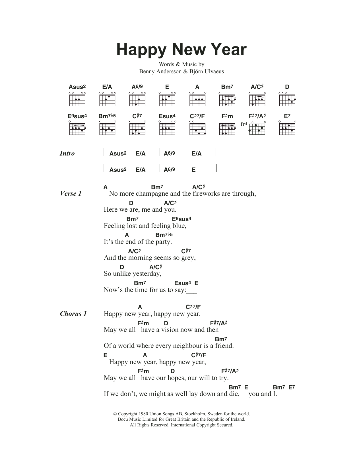 Download ABBA Happy New Year Sheet Music and learn how to play Lyrics & Chords PDF digital score in minutes
