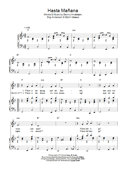 Download ABBA Hasta Manana Sheet Music and learn how to play Lyrics & Chords PDF digital score in minutes