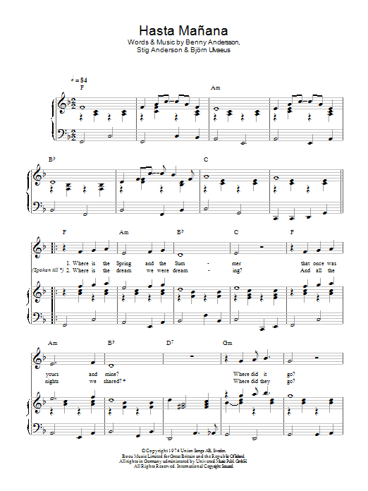 Download ABBA Hasta Mañana Sheet Music and learn how to play Piano, Vocal & Guitar (Right-Hand Melody) PDF digital score in minutes