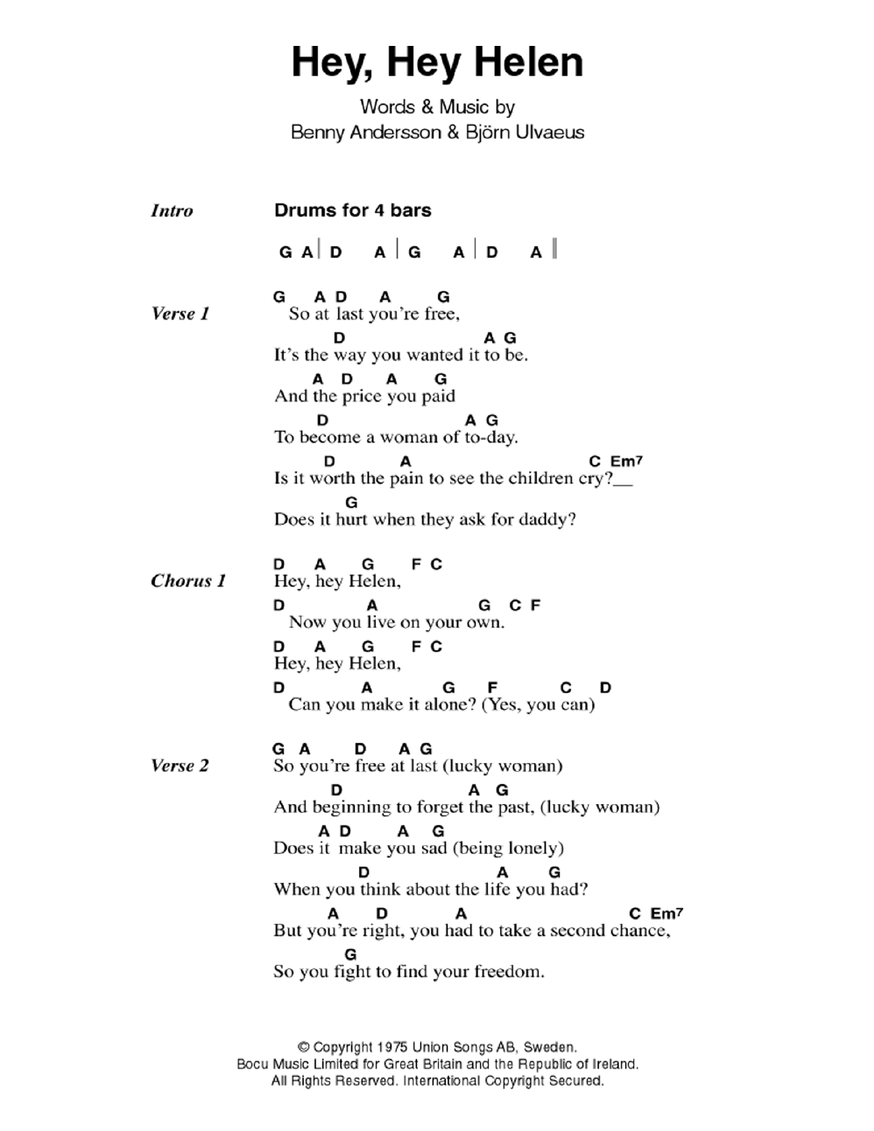 Download ABBA Hey, Hey Helen Sheet Music and learn how to play Lyrics & Chords PDF digital score in minutes