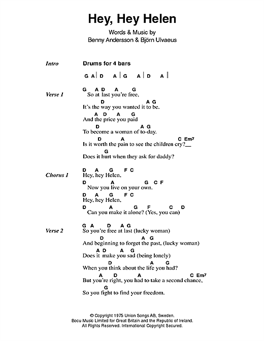 Download ABBA Hey, Hey Helen Sheet Music and learn how to play Lyrics & Chords PDF digital score in minutes