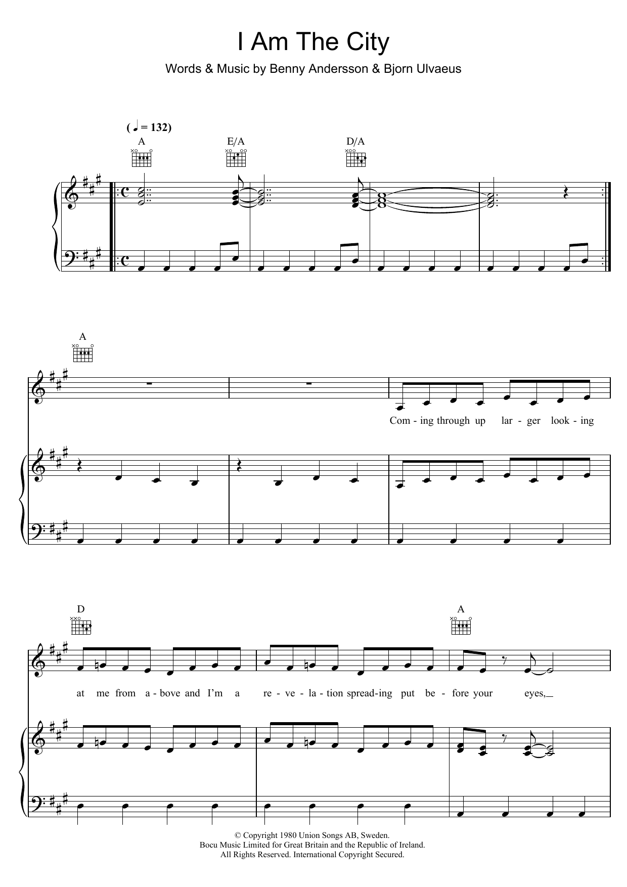 Download ABBA I Am The City Sheet Music and learn how to play Piano, Vocal & Guitar (Right-Hand Melody) PDF digital score in minutes