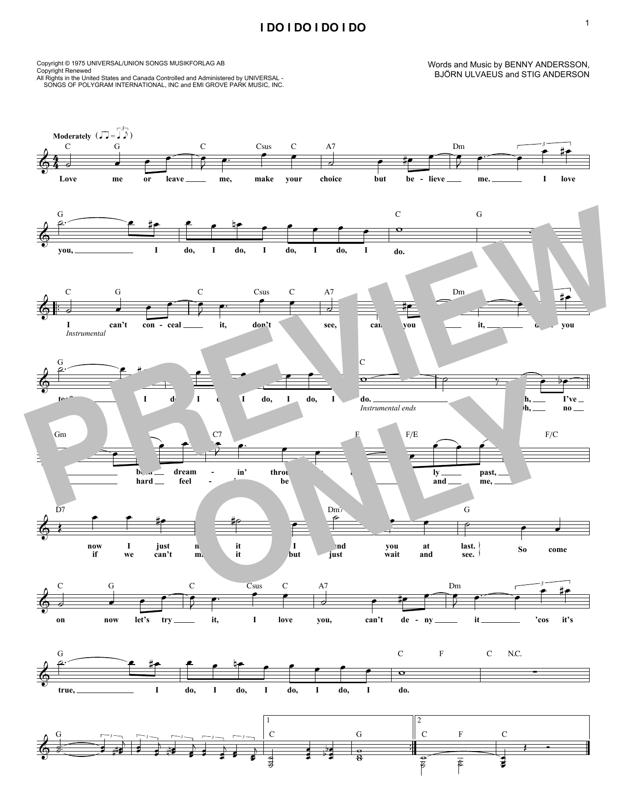 Download Abba I Do I Do I Do I Do Sheet Music and learn how to play Melody Line, Lyrics & Chords PDF digital score in minutes