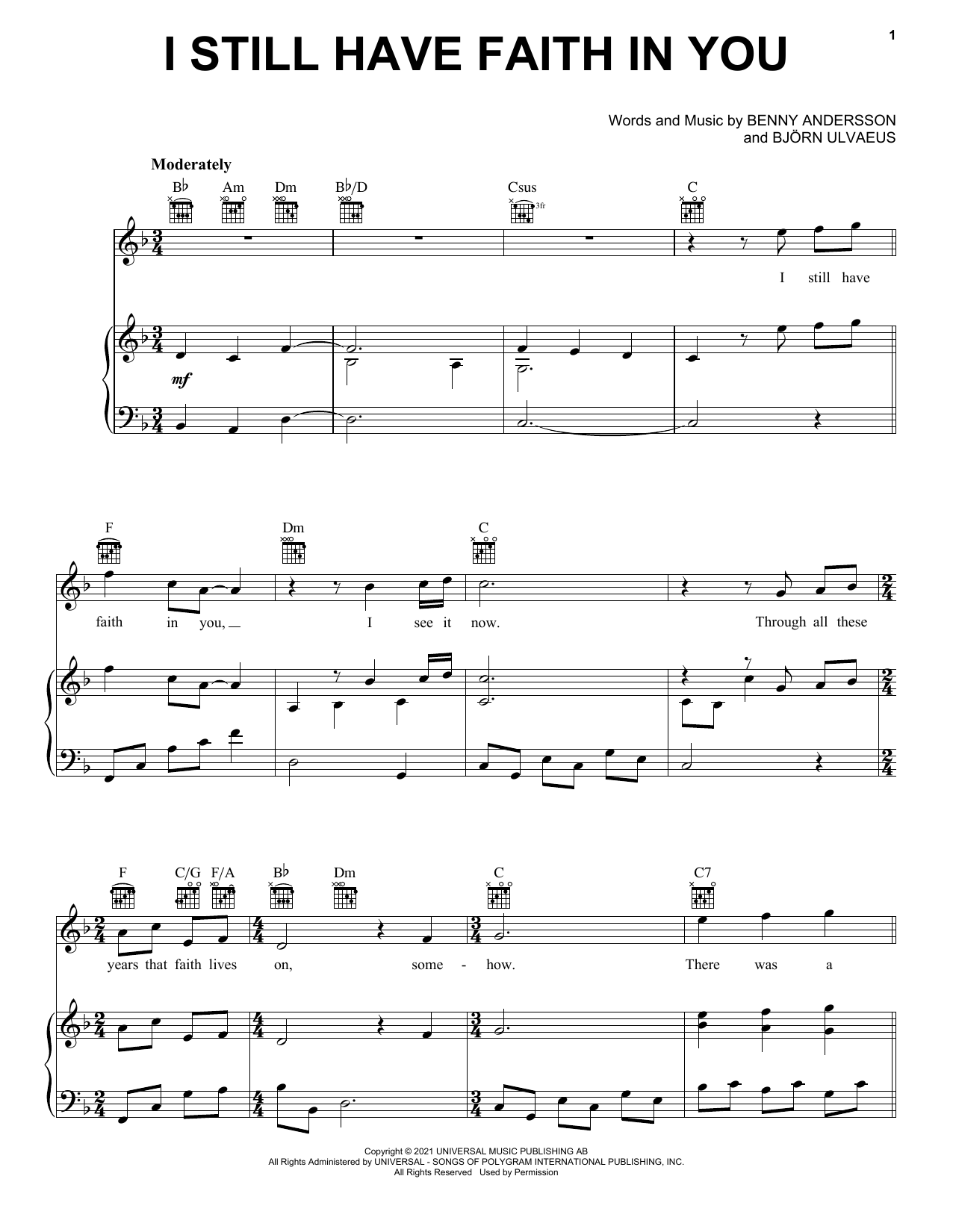 Download ABBA I Still Have Faith In You Sheet Music and learn how to play Really Easy Piano PDF digital score in minutes