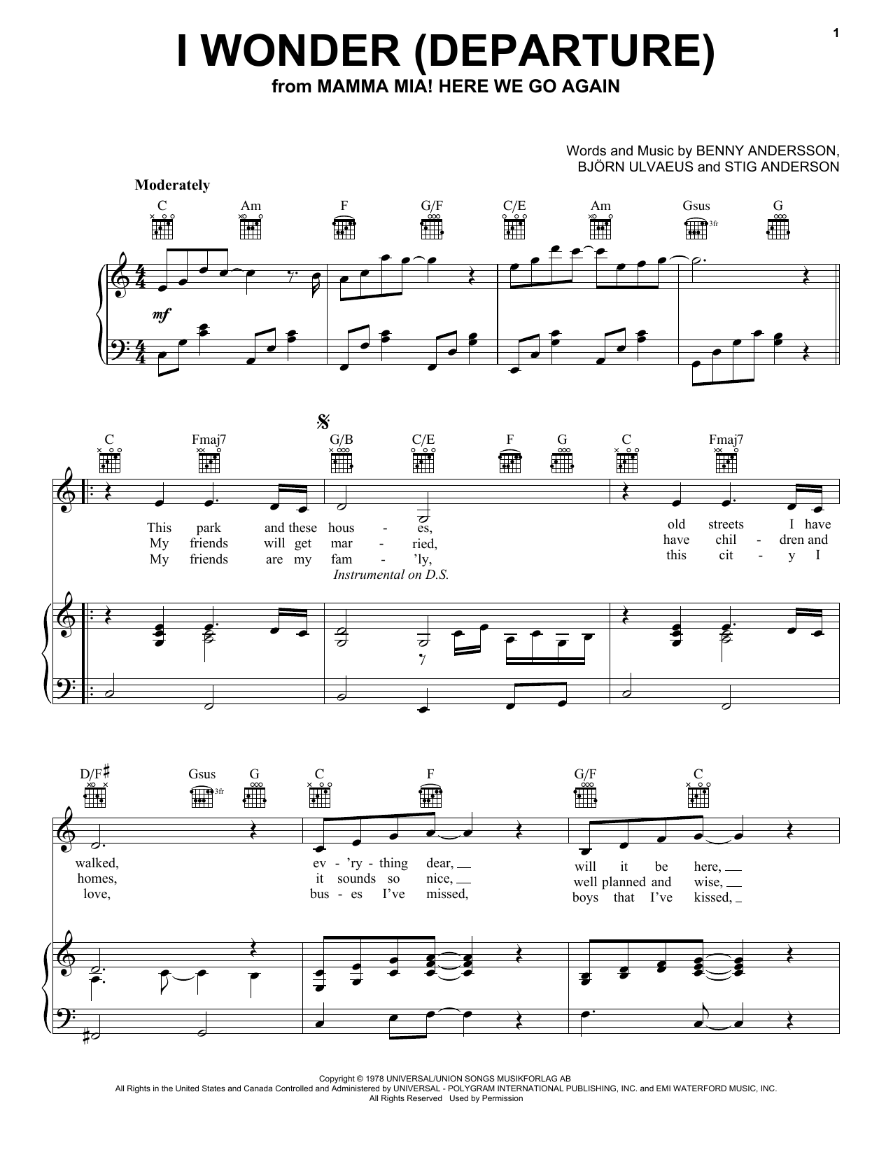 Download ABBA I Wonder (Departure) (from Mamma Mia! Here We Go Again) Sheet Music and learn how to play Easy Piano PDF digital score in minutes