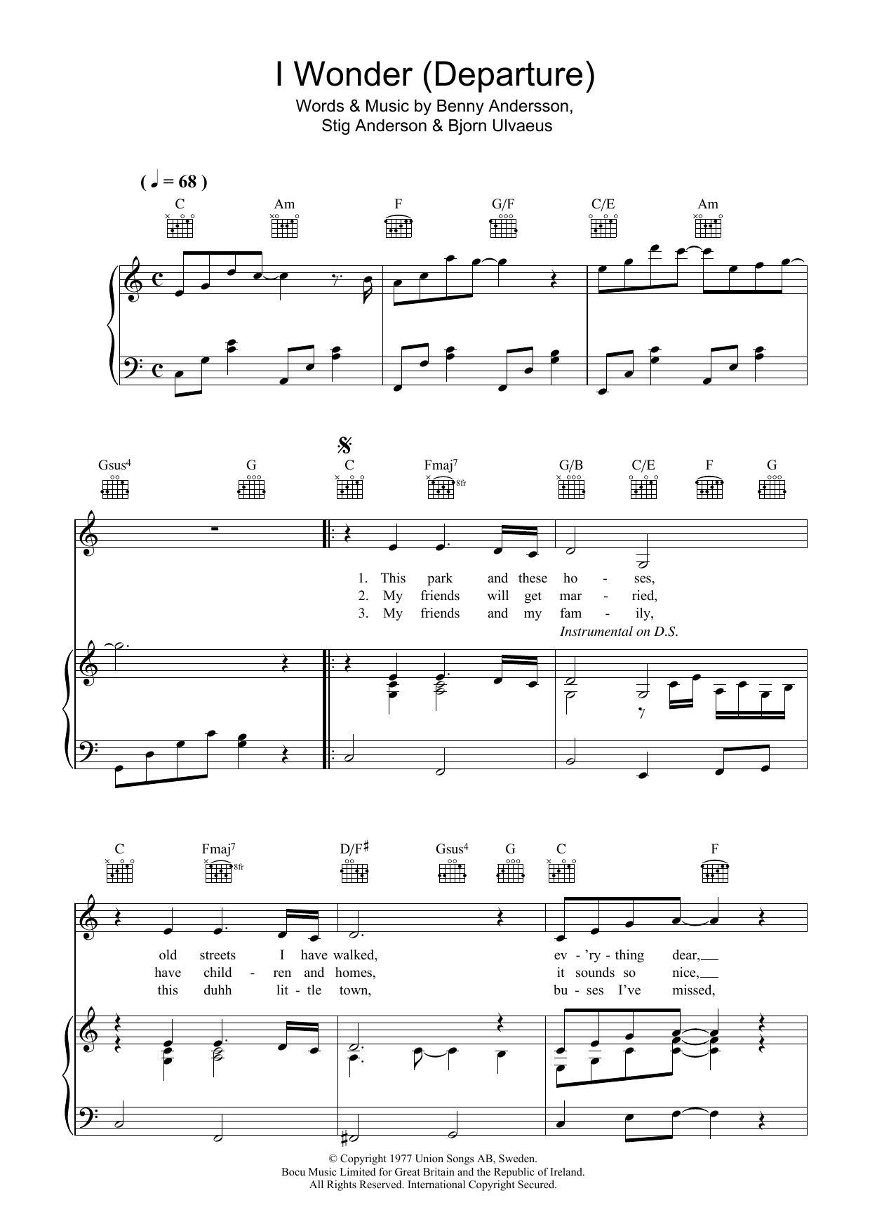 Download ABBA I Wonder (Departure) Sheet Music and learn how to play Piano, Vocal & Guitar (Right-Hand Melody) PDF digital score in minutes