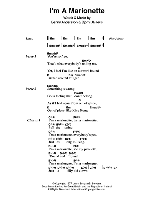 Download ABBA I'm A Marionette Sheet Music and learn how to play Lyrics & Chords PDF digital score in minutes