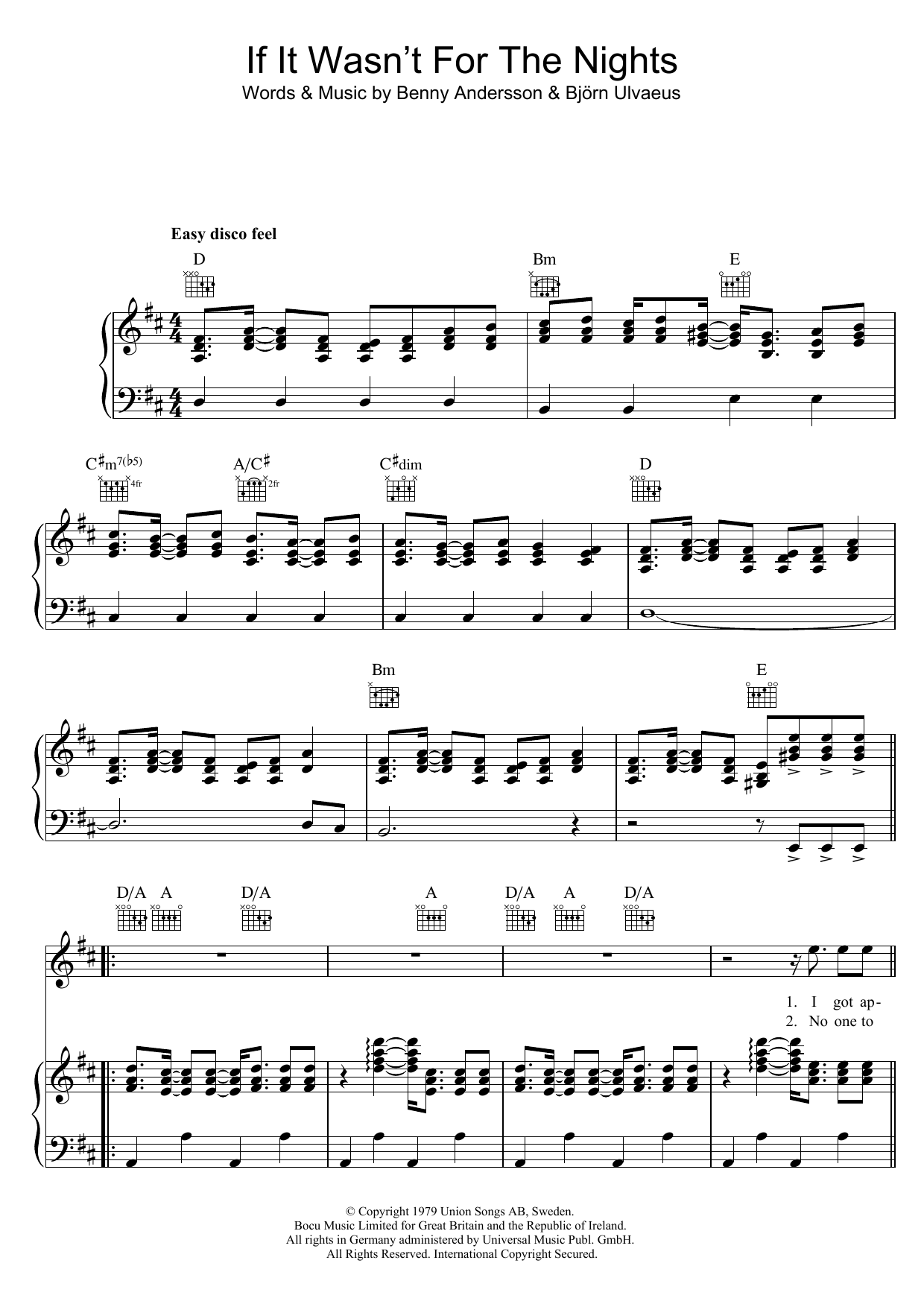 Download ABBA If It Wasn't For The Nights Sheet Music and learn how to play Lyrics & Chords PDF digital score in minutes