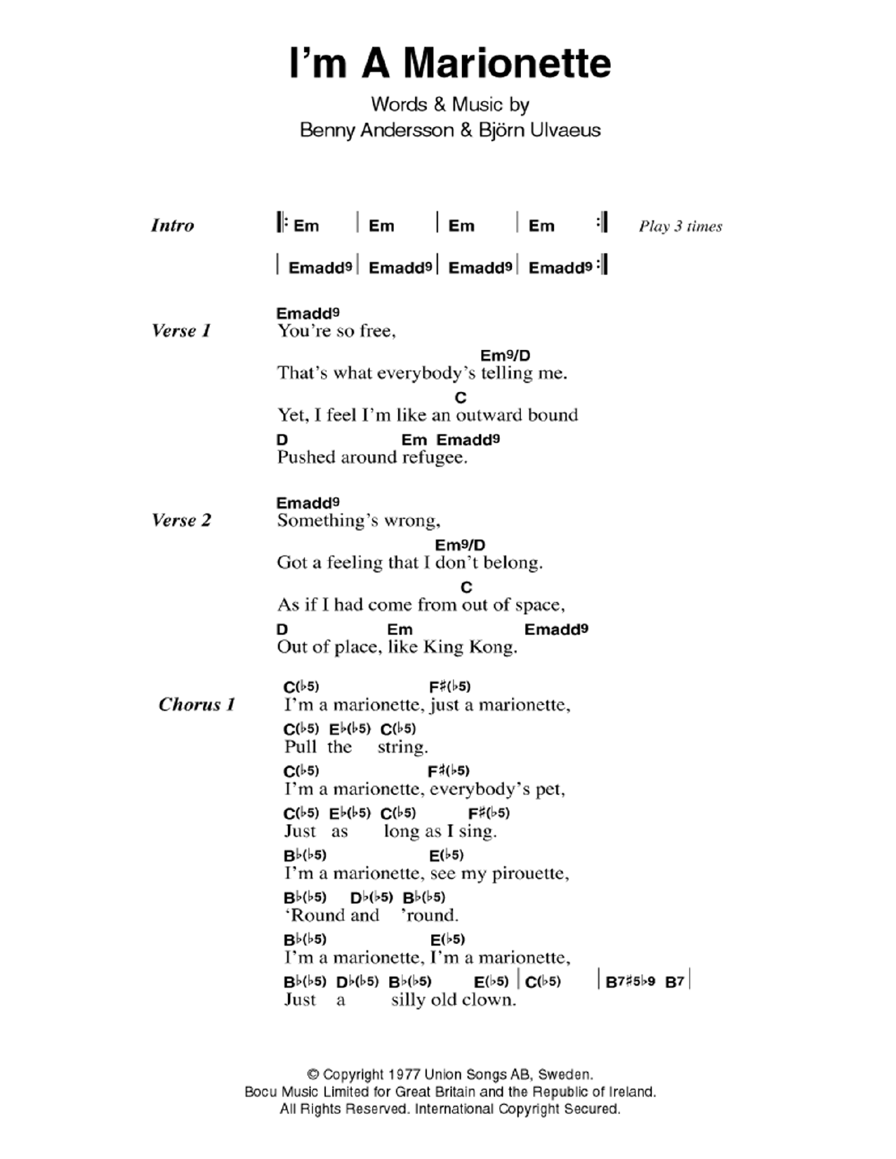 Download ABBA I'm A Marionette Sheet Music and learn how to play Lyrics & Chords PDF digital score in minutes