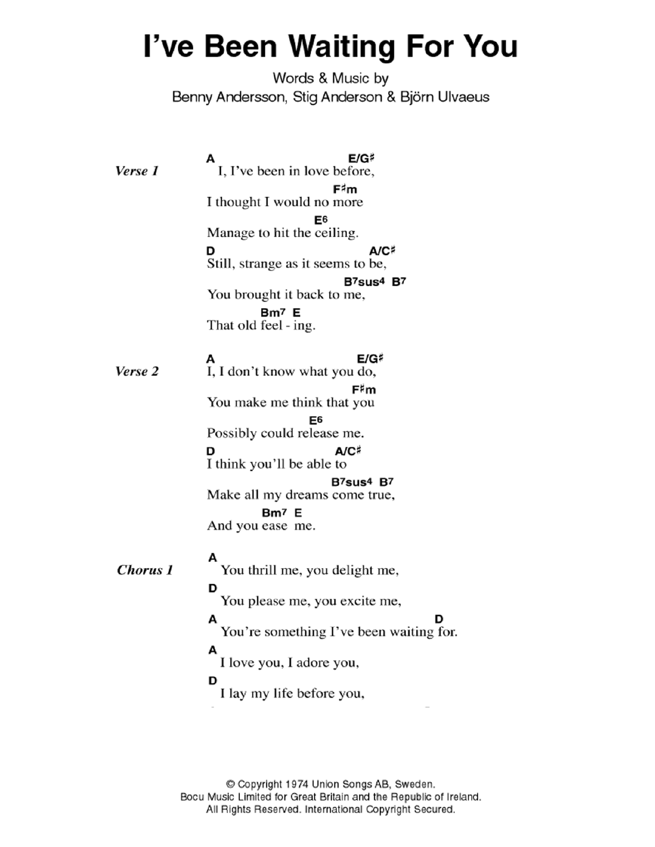 Download ABBA I've Been Waiting For You Sheet Music and learn how to play Lyrics & Chords PDF digital score in minutes