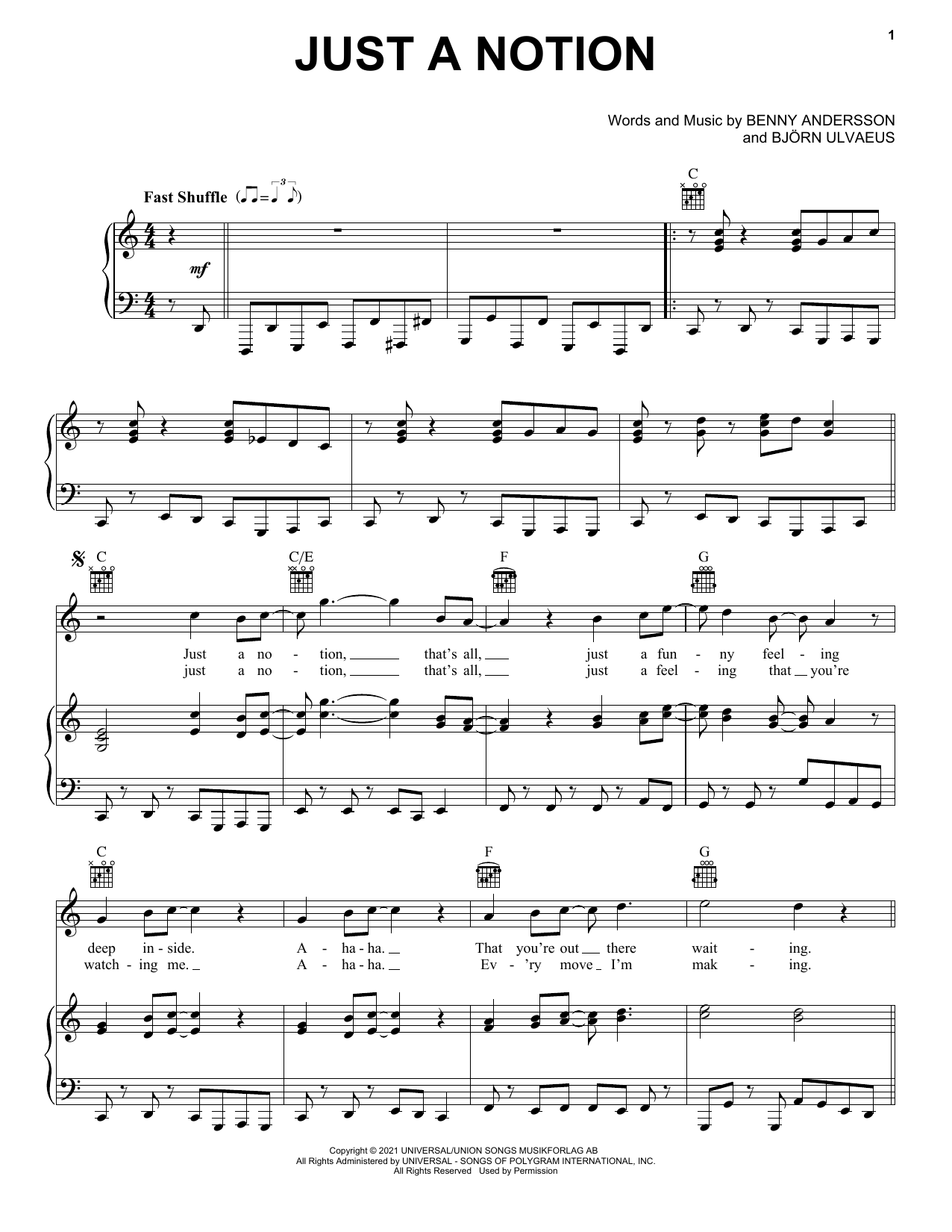 Download ABBA Just A Notion Sheet Music and learn how to play Piano, Vocal & Guitar Chords (Right-Hand Melody) PDF digital score in minutes