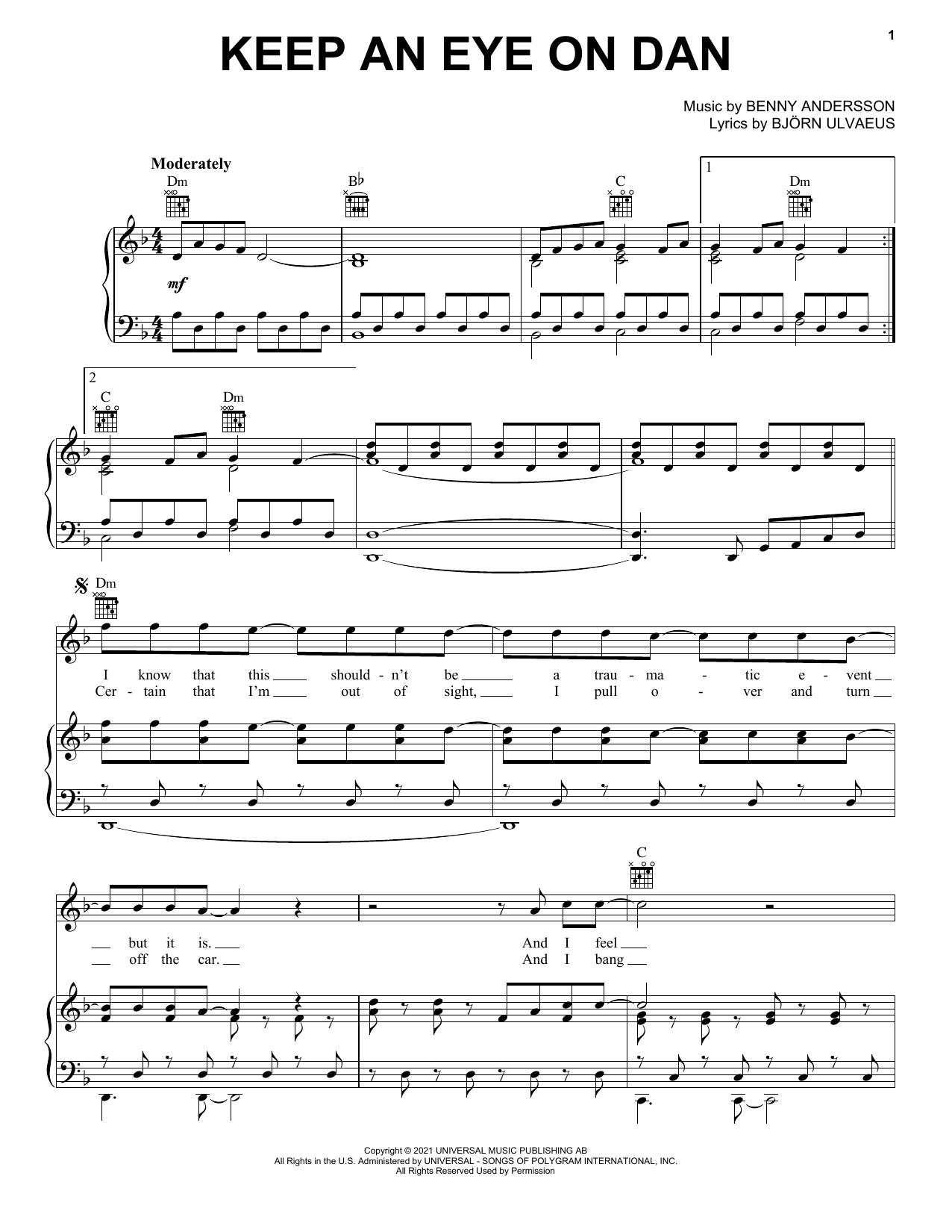 Download ABBA Keep An Eye On Dan Sheet Music and learn how to play Piano, Vocal & Guitar Chords (Right-Hand Melody) PDF digital score in minutes