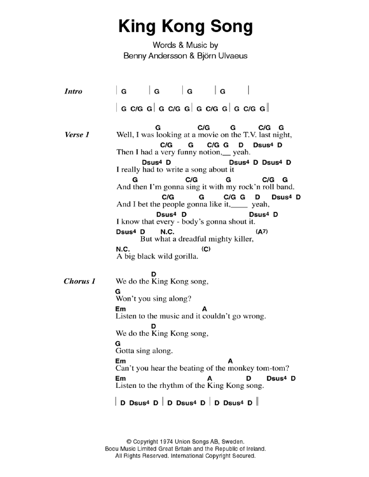 Download ABBA King Kong Song Sheet Music and learn how to play Lyrics & Chords PDF digital score in minutes