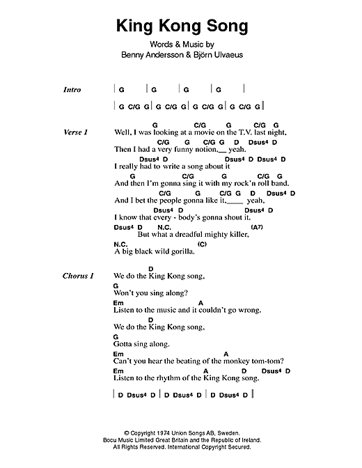 Download ABBA King Kong Song Sheet Music and learn how to play Lyrics & Chords PDF digital score in minutes