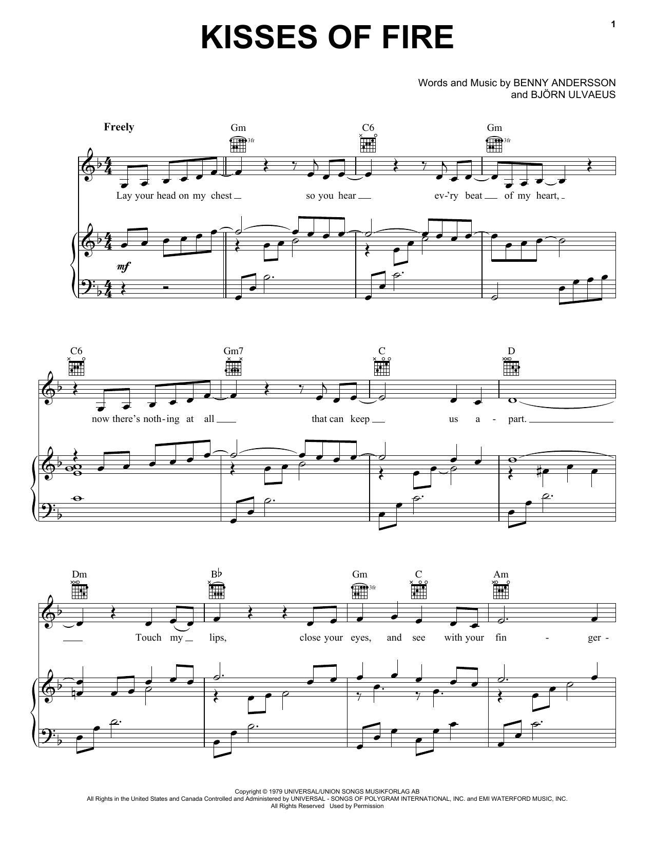 Download ABBA Kisses Of Fire (from Mamma Mia! Here We Go Again) Sheet Music and learn how to play Piano, Vocal & Guitar (Right-Hand Melody) PDF digital score in minutes