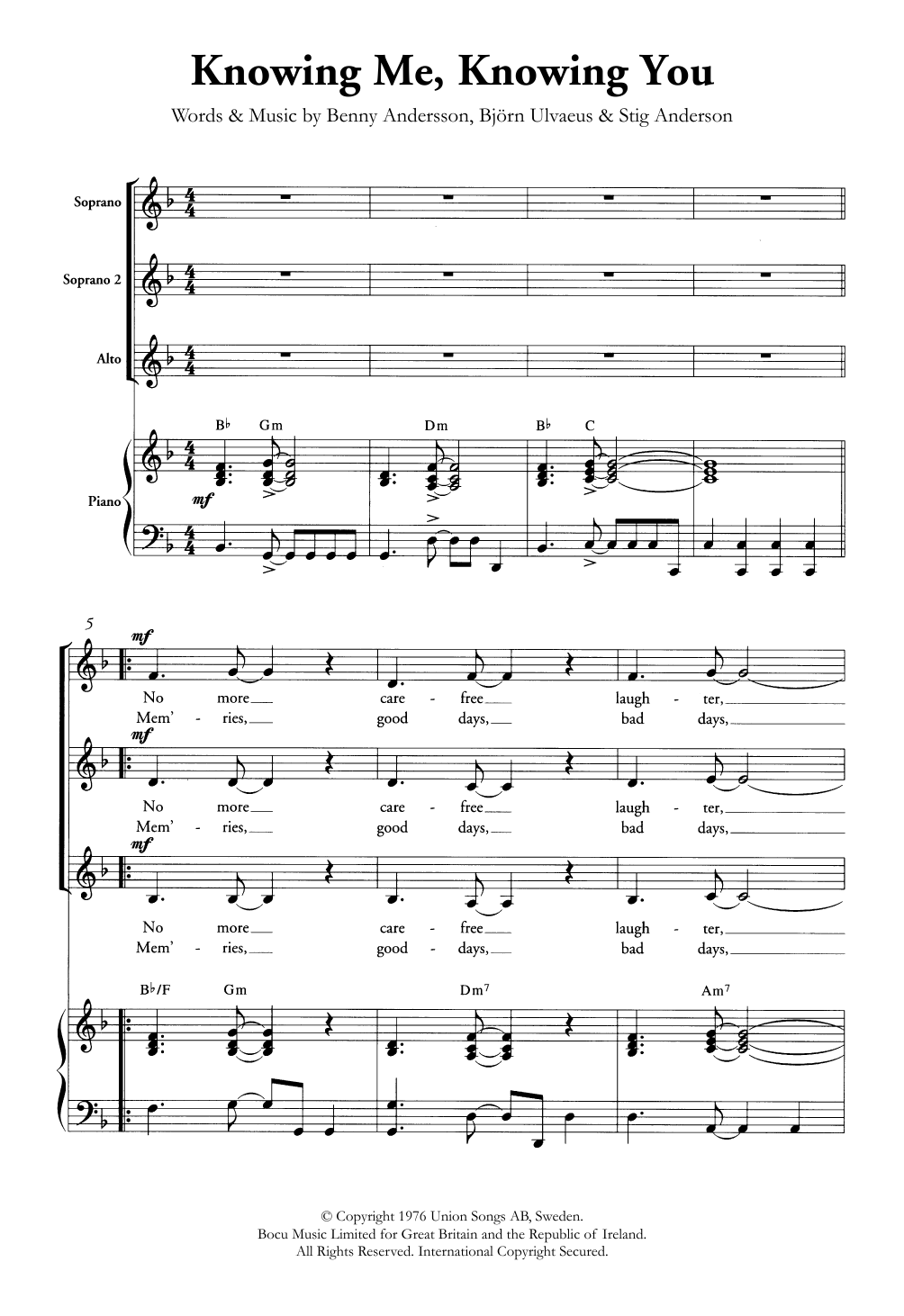 Download ABBA Knowing Me, Knowing You (arr. Berty Rice) Sheet Music and learn how to play SSA Choir PDF digital score in minutes