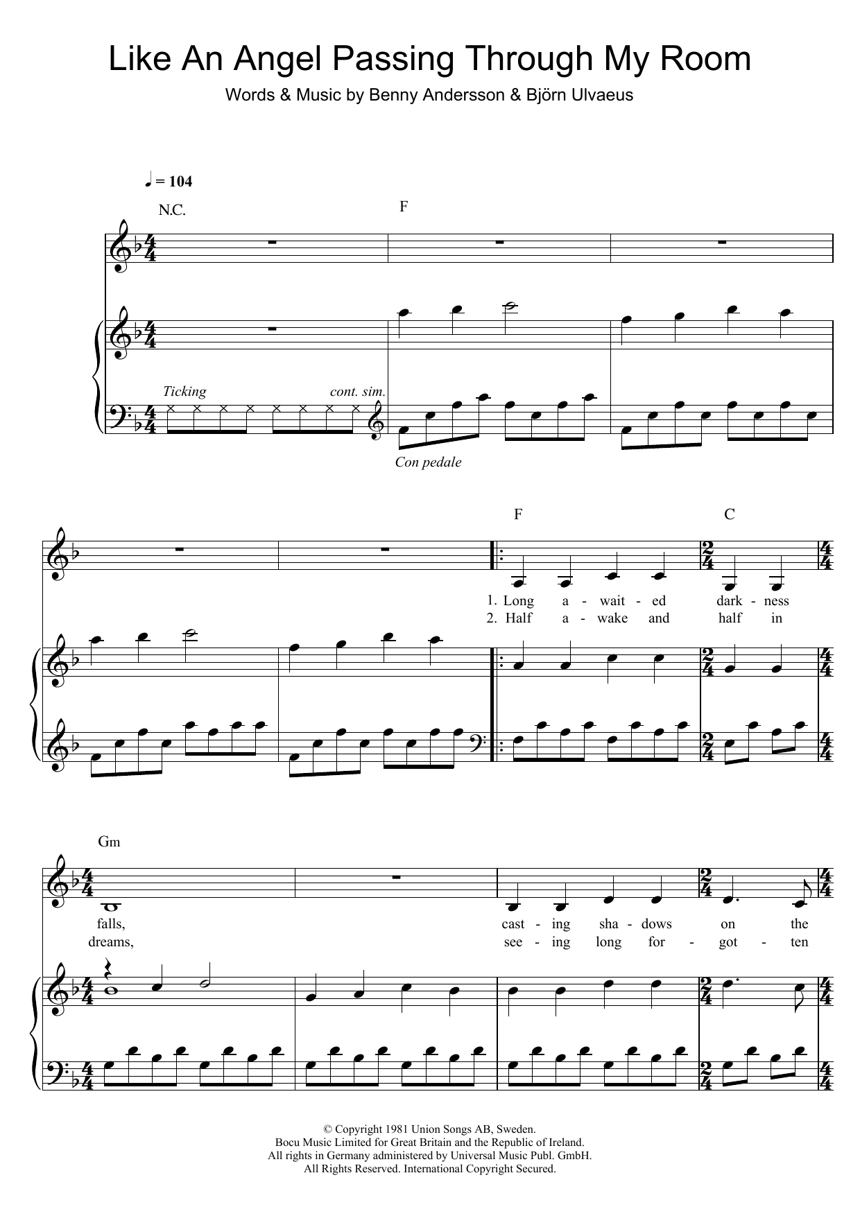 Download ABBA Like An Angel Passing Through My Room Sheet Music and learn how to play Piano, Vocal & Guitar (Right-Hand Melody) PDF digital score in minutes
