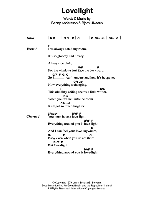 Download ABBA Lovelight Sheet Music and learn how to play Lyrics & Chords PDF digital score in minutes