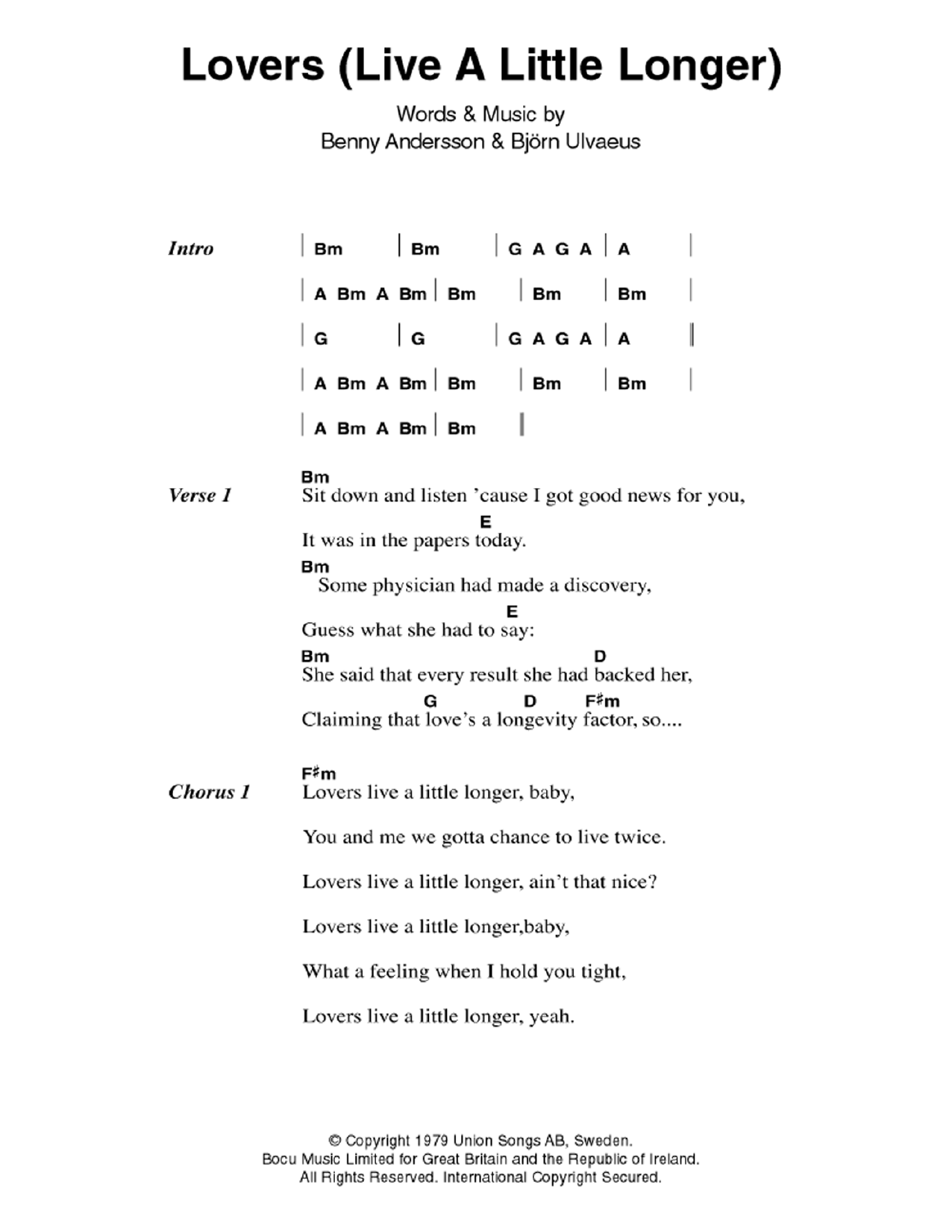 Download ABBA Lovers (Live A Little Longer) Sheet Music and learn how to play Lyrics & Chords PDF digital score in minutes