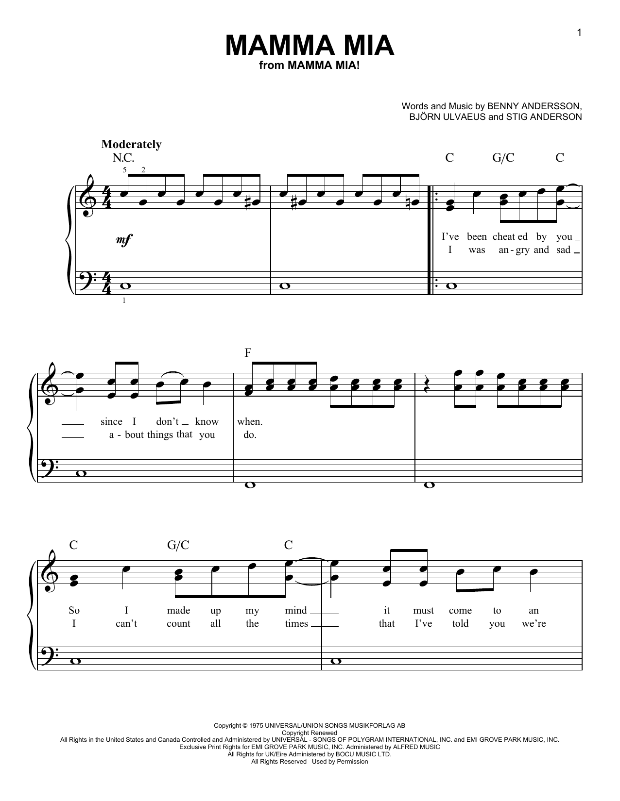Download ABBA Mamma Mia (from the musical Mamma Mia!) Sheet Music and learn how to play Very Easy Piano PDF digital score in minutes