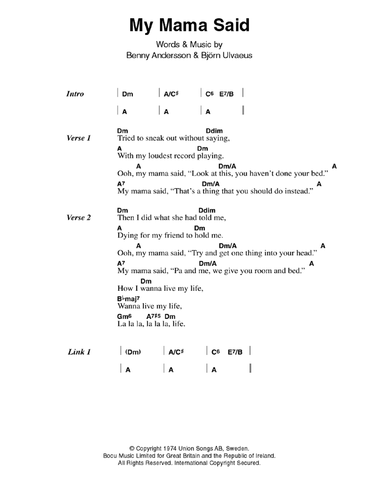 Download ABBA My Mama Said Sheet Music and learn how to play Lyrics & Chords PDF digital score in minutes