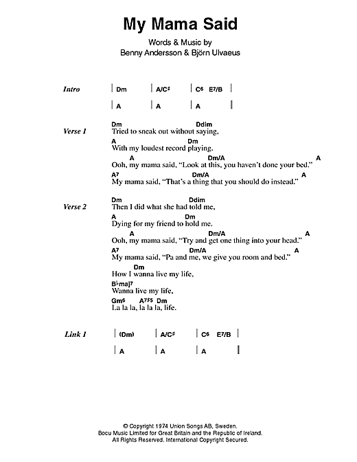 Download ABBA My Mama Said Sheet Music and learn how to play Lyrics & Chords PDF digital score in minutes