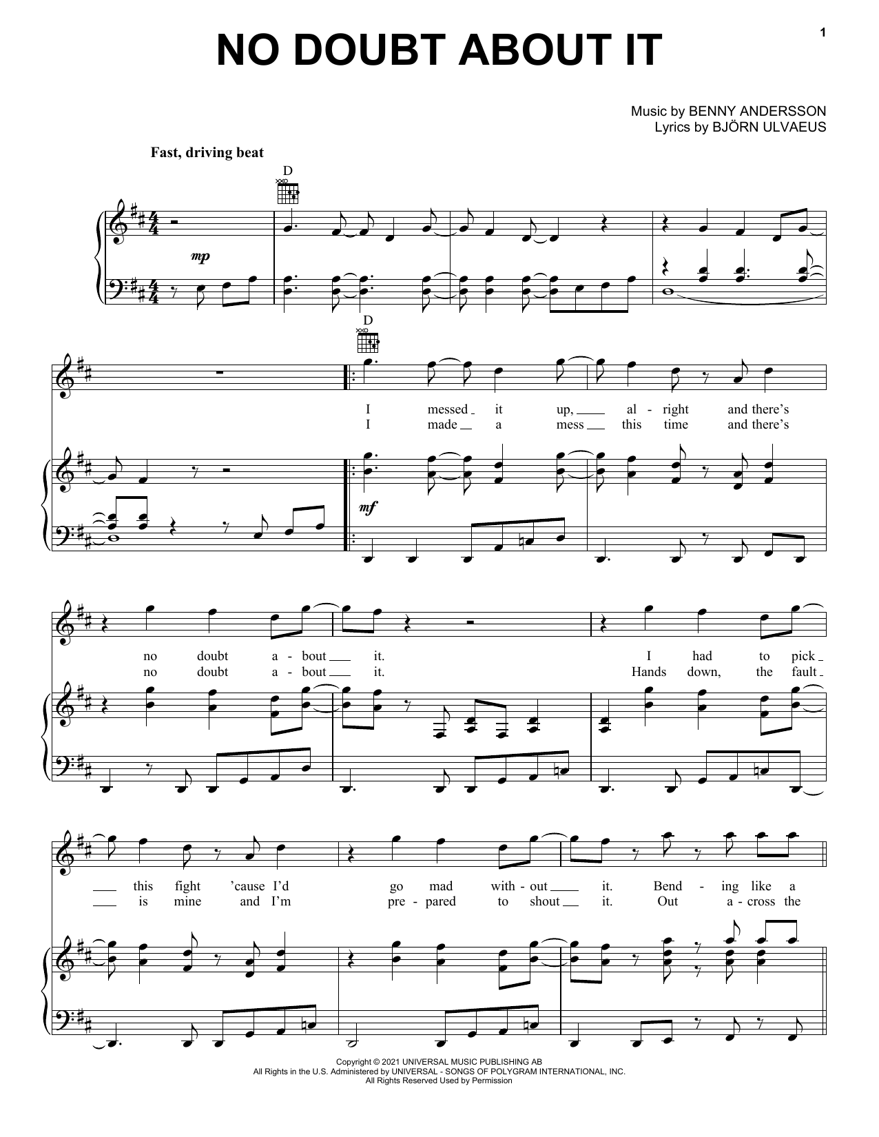 Download ABBA No Doubt About It Sheet Music and learn how to play Piano, Vocal & Guitar Chords (Right-Hand Melody) PDF digital score in minutes