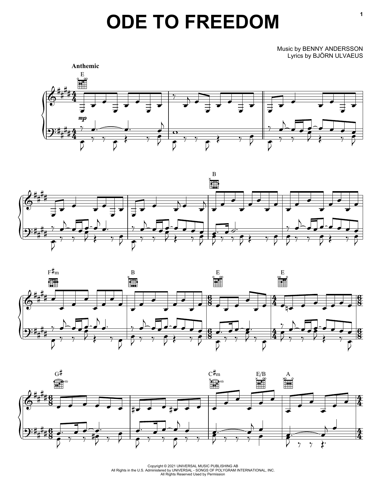 Download ABBA Ode To Freedom Sheet Music and learn how to play Piano, Vocal & Guitar Chords (Right-Hand Melody) PDF digital score in minutes