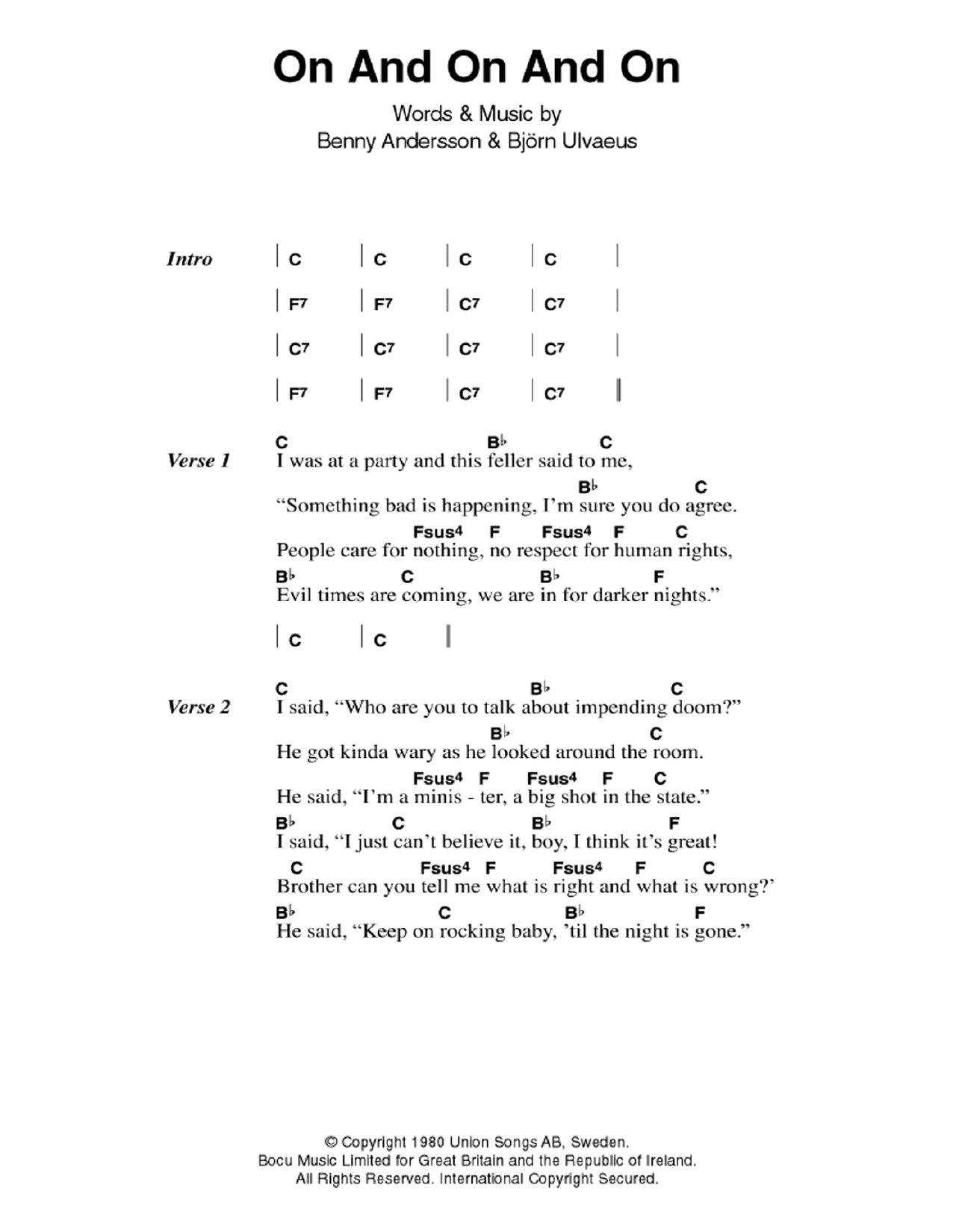 Download ABBA On And On And On Sheet Music and learn how to play Piano, Vocal & Guitar (Right-Hand Melody) PDF digital score in minutes